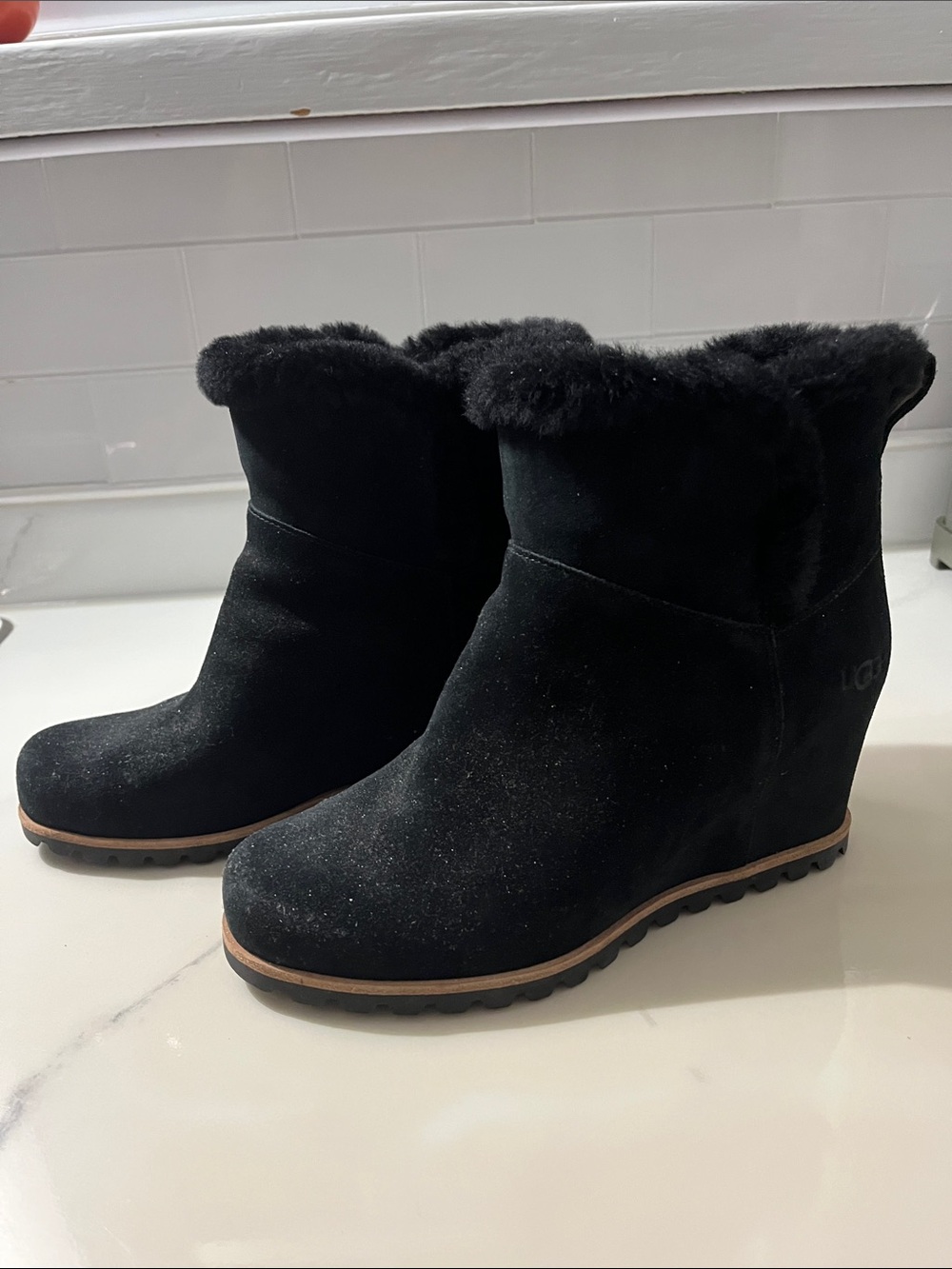 UGG Black Suede Wedge Ankle Boots with Fur Collar